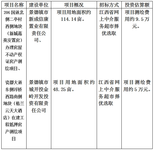 景德鎮(zhèn)市206國(guó)道北側(cè)二亭村西側(cè)地塊（新城嘉苑安置房）辦理房屋不動(dòng)產(chǎn)權(quán)證房產(chǎn)測(cè)繪項(xiàng)目、瓷都大道東側(cè)浮橋西路南側(cè)地塊（格蘭云天大酒店）在建工程抵押房產(chǎn)測(cè)繪項(xiàng)目計(jì)劃公告